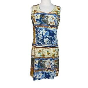 Vintage 90s Jams World blue & brown floral tropical shift dress
